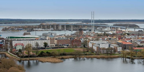 View from the Protestant Parish Church of St. Mary of the Old Town and the Ruegen Bridge of Stralsund, Mecklenburg-Western Pomerania