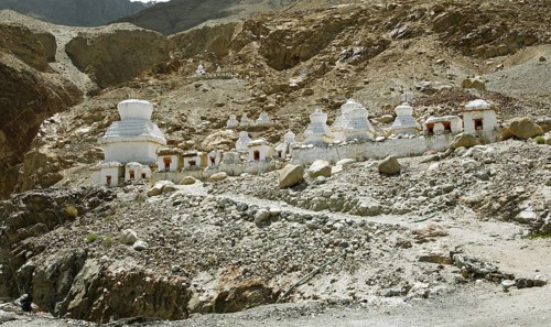 Small white stupa on the mountainside, Hunder Gompa