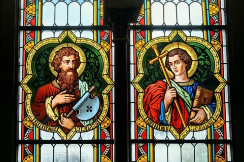 Colourful church window with St. Mathias and St. Philippus, Catholic Parish Church