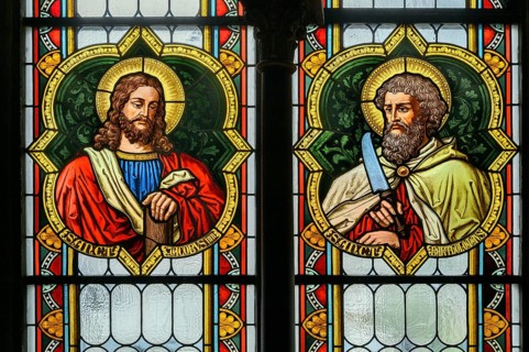 Colourful church window with St. James and St. Bartholomew, Catholic Parish Church