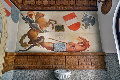 War memorial with mural Dragon Slayer, Catholic Parish Church