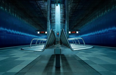 Ueberseequartier underground station by night, Hamburg