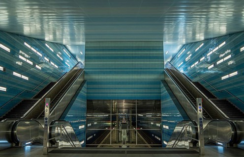 Ueberseequartier underground station by night, Hamburg