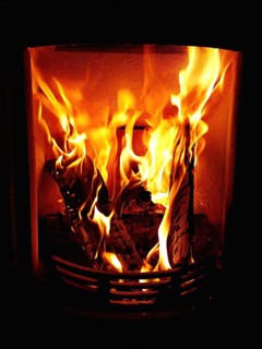 Cosy stove fire with burning logs,