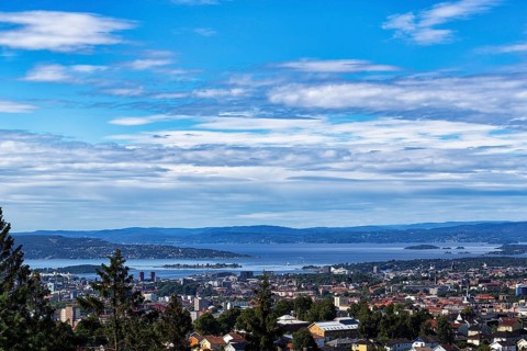 View from the summit of Grefsenkollen, view of the city and the Oslofjord in summer