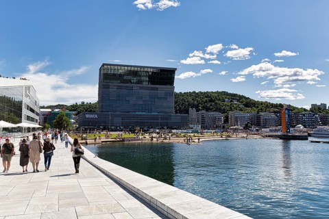 View of the Munch Museum in summer from the forecourt of the opera house, Bjorvika district