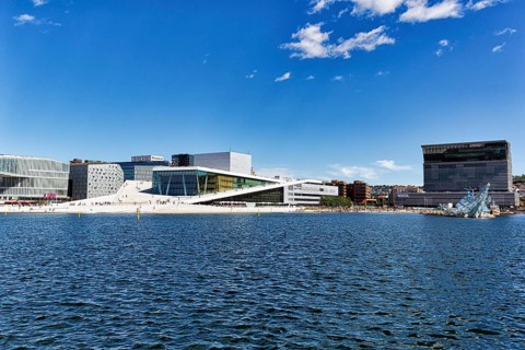 View from the promenade over the Oslofjord to Deichman Library, Opera House and Munch Museum