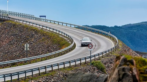 Atlantic Road over winding bridge Storseisundbrua, Norwegian Landscape Route Atlanterhavsveien between Molde and Kristiansund