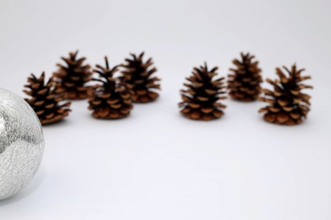 Silver Christmas tree ball and fir cone or pine cone cropped against white background with sharpening gradient,