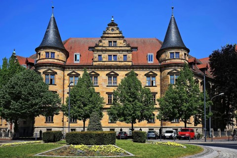 The Higher Regional Court in the centre of Bamberg in bright sunshine. Bamberg, Upper Franconia