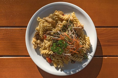Fussili with vegetables and lentils, vegetarian dish