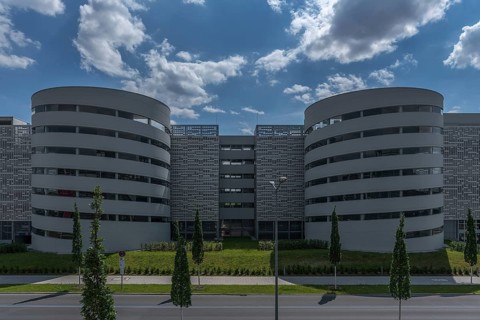 Modern multi-storey car park with two access towers at the airport, Nuremberg