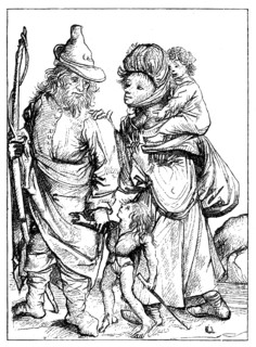 Farmer's wife with two children and he with a bow in the 15th century, facsimile of the copper engraving by the so-called Master of 1480