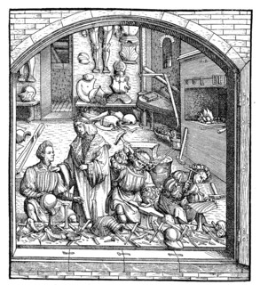 View from the street into the workshop of a gunsmith around the year 1500, facsimile of the woodcut by Hans Burgkmair