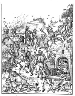Raid and plundering of a village by the robber barons, robber barons or robber knights