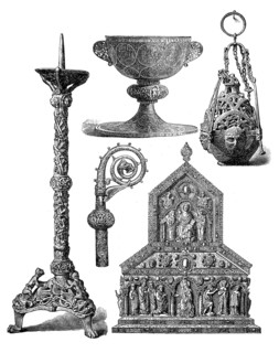 Liturgical utensils of the Middle Ages, on the left an altar candlestick