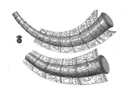 Golden drinking horns found in Schleswig, the lower one with runic inscriptions around the rim