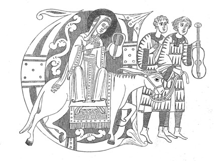 Saint Pelagia is depicted as a travelling woman, a 12th century German Pelagia
