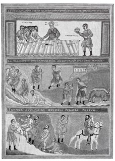 Depiction of the biblical parable of the banquet, above the occupied table of the rich