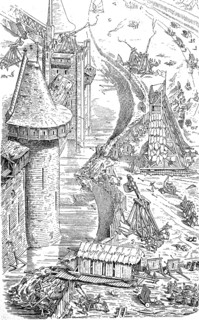 Attack and defence of a city wall in the 12th century, after Eugene Emmanuel Viollet-le-Duc