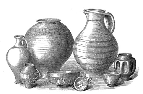 Clay vessels from the Roman period, from the left a bottle