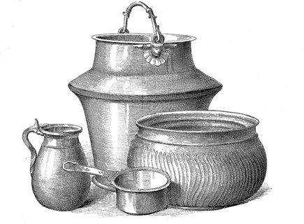 Vessels from Roman times, a bronze jug from the left
