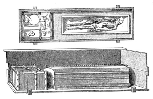 Old German burial style, coffin framed with oak planks and separate space at its feet for grave goods