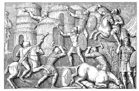 Destruction of the huts in a deserted village in front of the arrival of the enemies, from a relief on the Victory Column by Marcus Aurelius