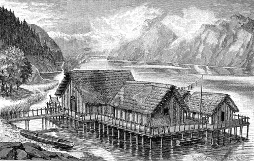 Reconstruction of a pile dwelling settlement, Germany