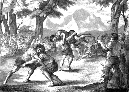Competition of the Swiss wrestlers in front of the audience, wrestling