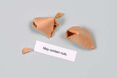 Food allergy concept. Fortune cookie with text 'may contain nuts',