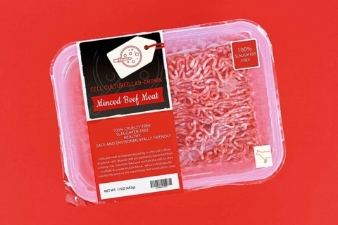 Cell cultured lab grown meat concept for artificial in vitro production with packed raw minced meat with made up label,
