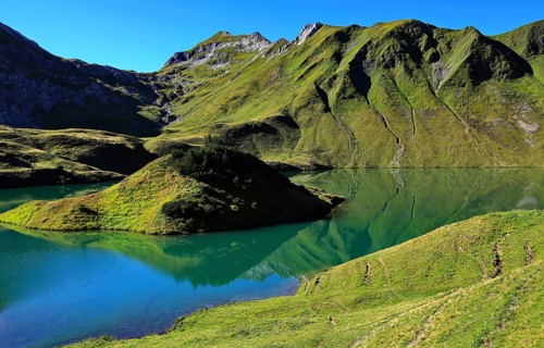 The Schrecksee is a small high-mountain lake with an impressive panorama. Hinterstein, Allgaeu Alps