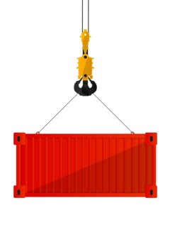 Red freight shipping container hanging on crane hook,