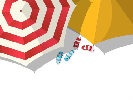 Colored beach umbrellas and slippers over white with copy space,