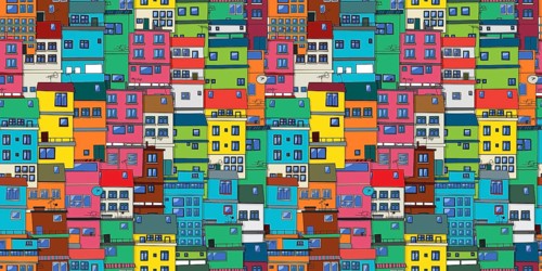 Urban background in colors, seamless vector pattern with Brazilian favela