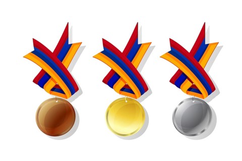 Armenian medals in gold, silver and bronze with national flag. Isolated vector objects over white background
