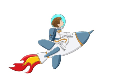 Astronaut boy on a rocket flying through white background,