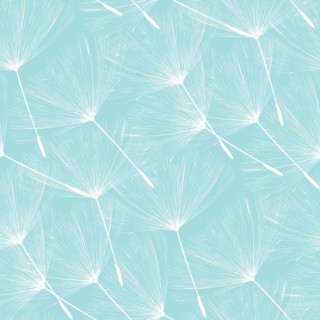 Dandelions floating over blue, vector seamless pattern