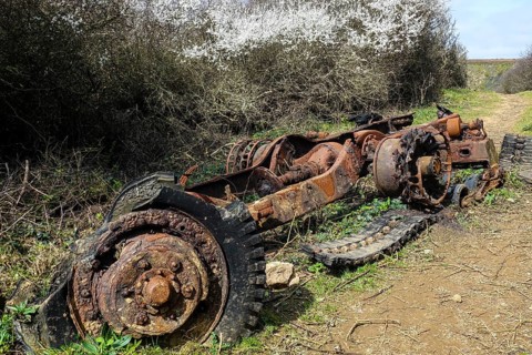 Rusty remains of the chassis of an old military vehicle, Fort de la Fraternite