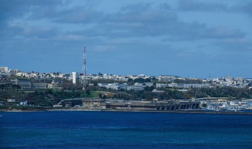 View from the Pointe des Espagnols viewpoint in Roscanvel across the bay to the former submarine repair yard, largest WW2 bunker in Brest