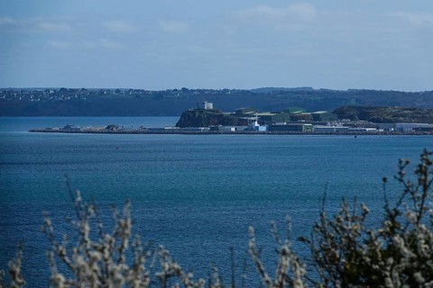 View from the Pointe des Espagnols viewpoint in Roscanvel of Ile Longue, where the French nuclear submarine fleet is stationed