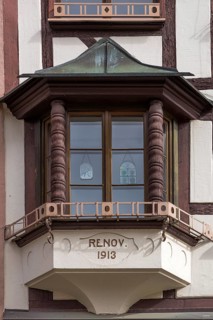 Historic oriel on a half-timbered house at Weissgerbergasse 20, Nuremberg