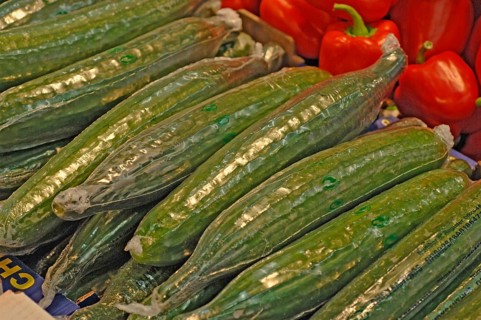 Cucumbers in the supermarket, wrapped in foil