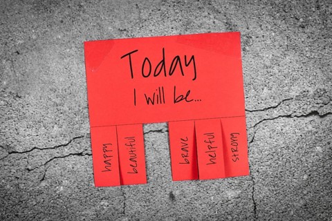 Red tear off stub note with text Today I will be. . and words happy, beautiful