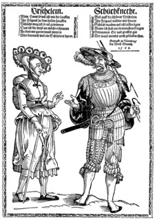A craftsman leaves his profession and goes to war as a lansquenet, symbolic woodcut by Peter Floetner