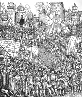 Bombardment and storming of a city by the troops of Maximilian I. Facsimile from the woodcut of the great Column of Honour Maximilian by Albrecht Duerer, Germany