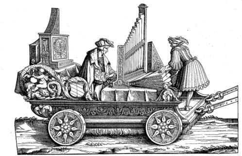Chariot with organ, group of Maximilian I. Facsimile by Hans Burgkmair Woodcut: Maximilian's triumphal procession is a monumental work from the 16th century