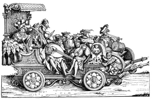 Coach with musicians, group of Maximilian I. Facsimile by Hans Burgkmair Woodcut: Maximilian's triumphal procession is a monumental work from the 16th century