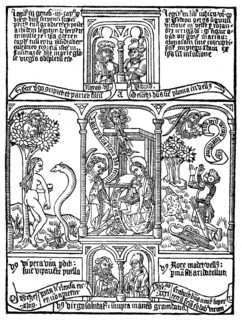 Facsimile of a page from the first printed Latin edition of the Bible of the Poor, Biblia Pauperum